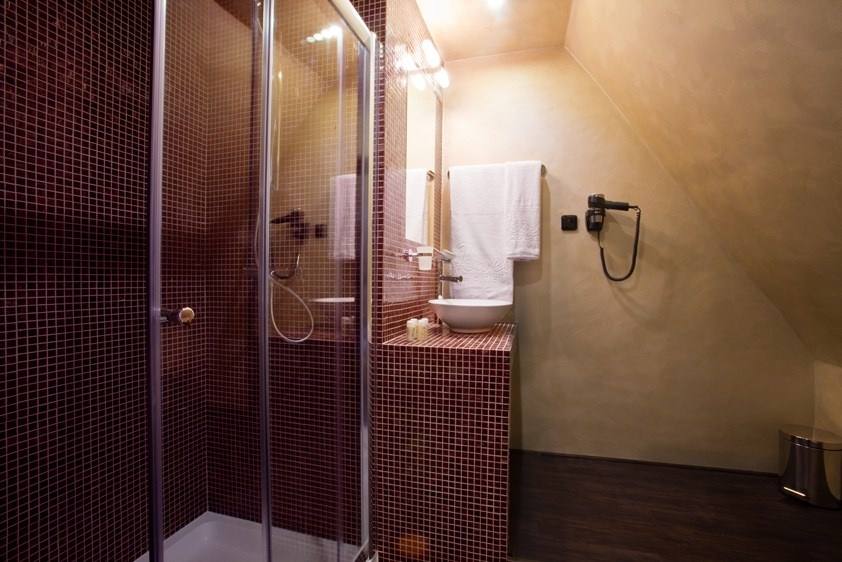 Granát room bathroom with burgundy mosaic and shower under the sloping roof