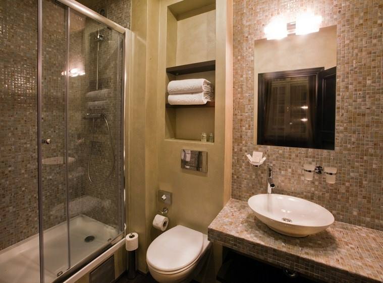 Opal room bathroom with mother-of-pearl mosaic, vessel basin and shower